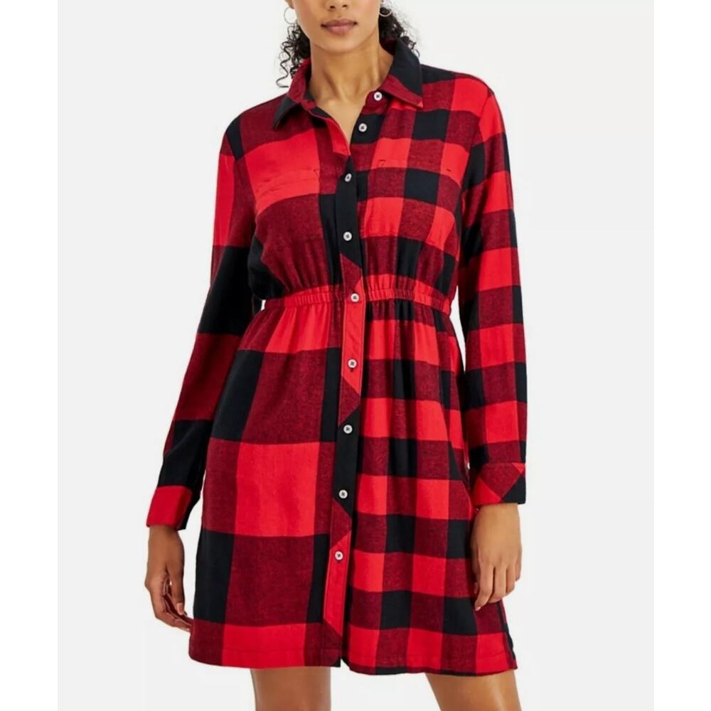 Style & Co Buffalo Check Red and Black Button Down Dress Women Size Large